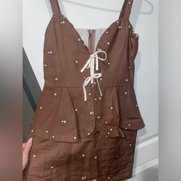 New Fanm Mon Helaina Floral Embroidered Bow Sweetheart Mini Dress🤎Small NWT!